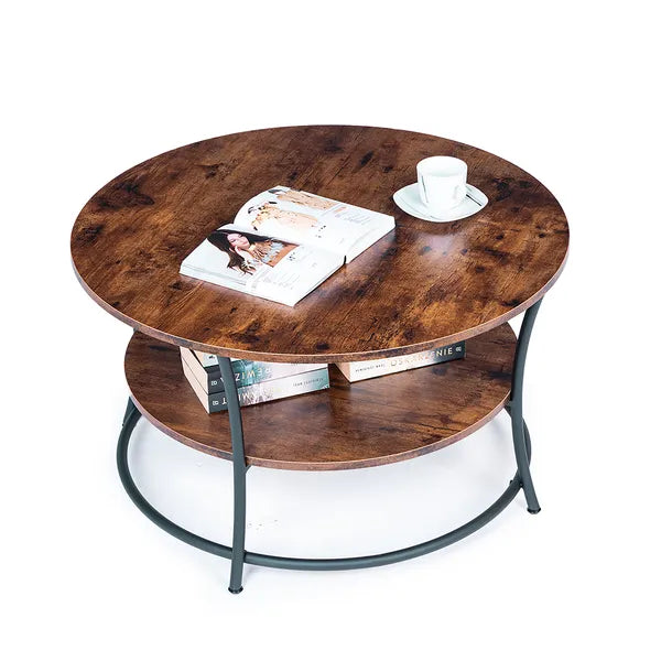 Kétlapú kerek dohányzóasztal, loft stílus, fém vázzal, rusztikus tölgy 80/60 cm