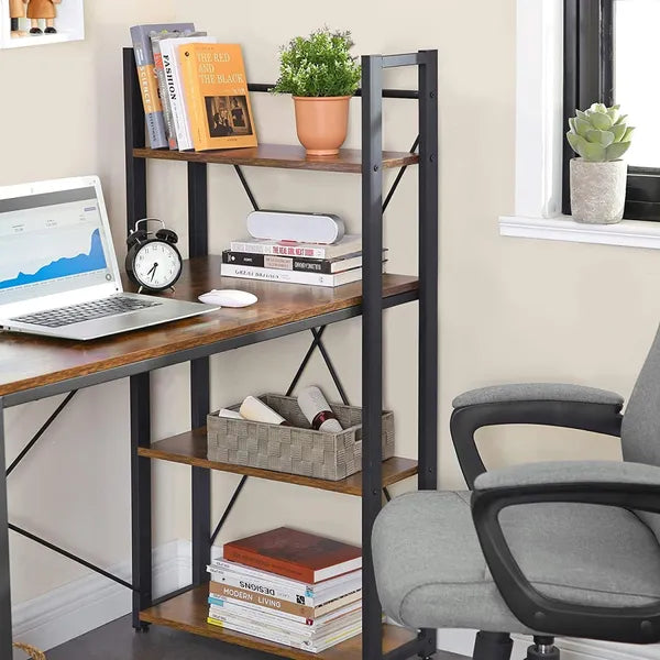 Íróasztal loft stílusban, 120×60 cm, 4 polccal, barna/fekete fémvázzal