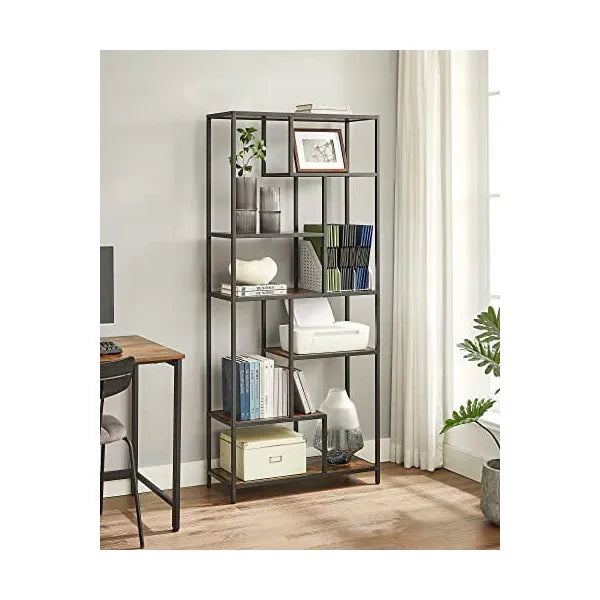 Loft stílusú, rusztikus barna-fekete könyvespolc 6 polccal, 80×30×180 cm