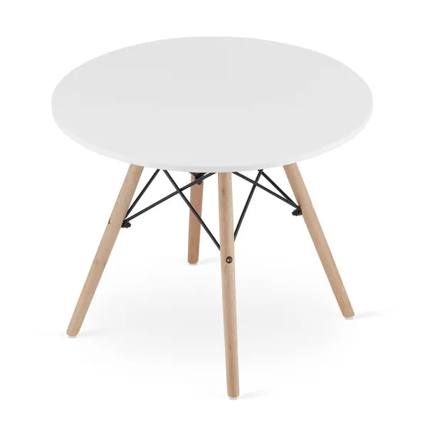 Skandináv kerek dohányzóasztal, matt fehér 60 cm MDF lap, bükk láb