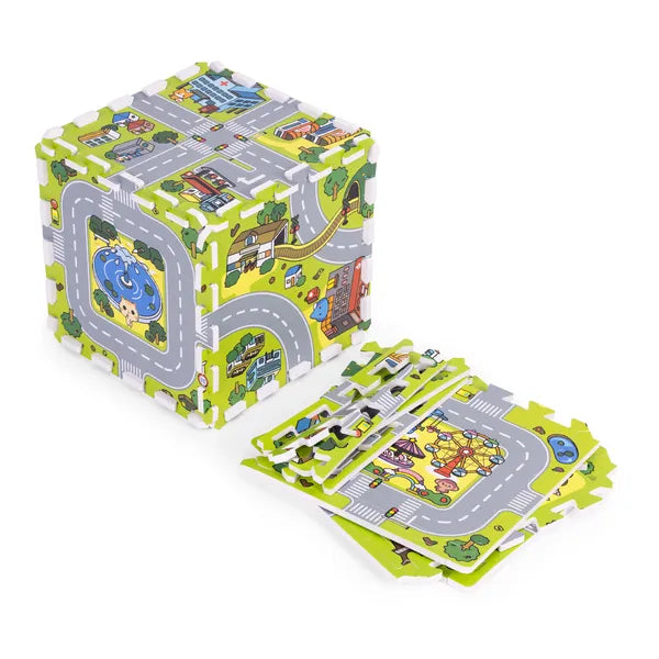 EVA habszivacs puzzle játszószőnyeg, város minta, 90,5×90,5 cm, 21 rész