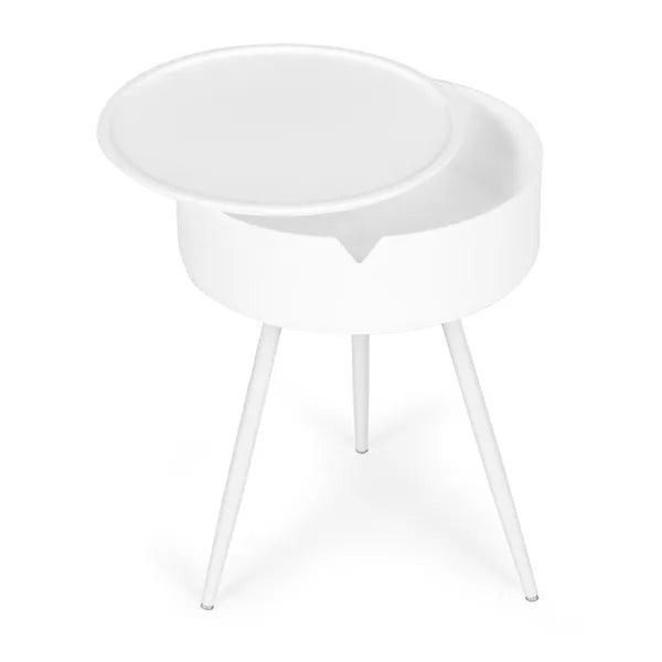 Kerek fehér kisasztal 40 cm – levehető tálca tető, tároló