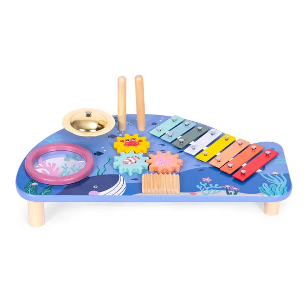 ECOTOYS fa bálna hangszerasztal xilofon, dob, cintányér, csörgő 18 hó+