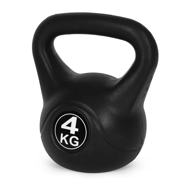 Kettlebell 4 kg műanyag burkolattal, cement maggal, lapos talppal