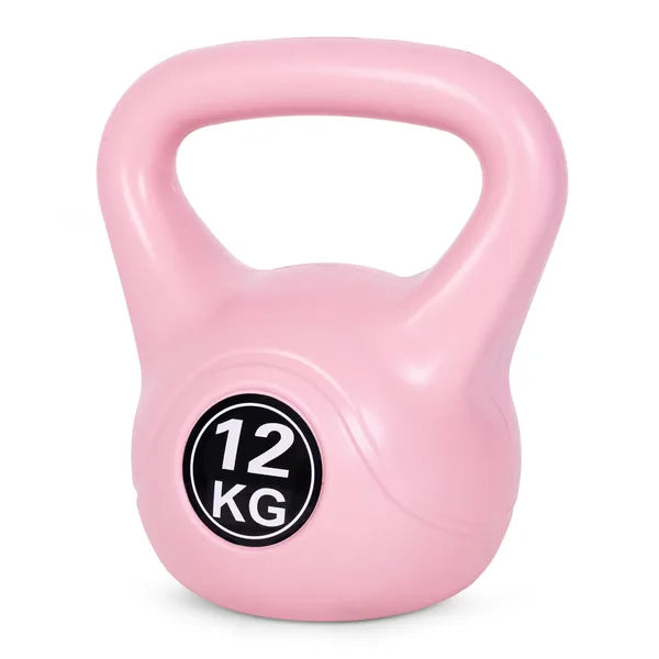 12 kg rózsaszín műanyag burkolatú kettlebell ergonomikus fogantyúval