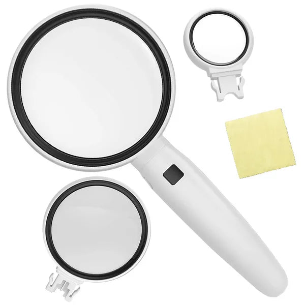 Kézi ékszerész nagyító 2 LED-del, 3 cserélhető lencse (3,5×/5×/11×), elemes