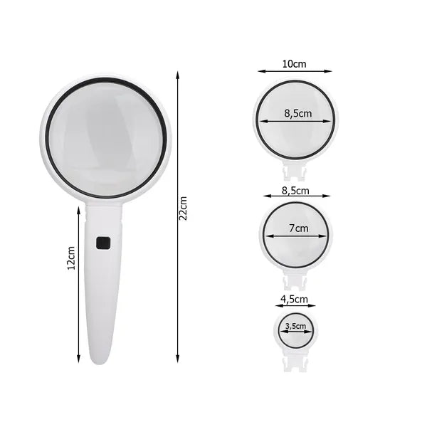 Kézi ékszerész nagyító 2 LED-del, 3 cserélhető lencse (3,5×/5×/11×), elemes