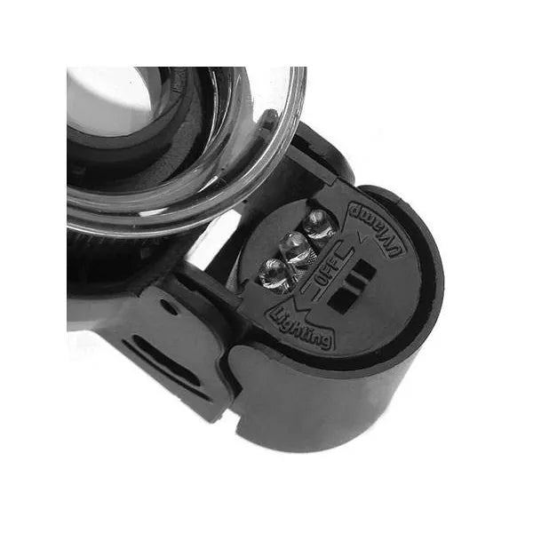 Zsebes ékszerész nagyító 45× üveglencsével, 2 LED-del és UV-fénnyel, 21 mm