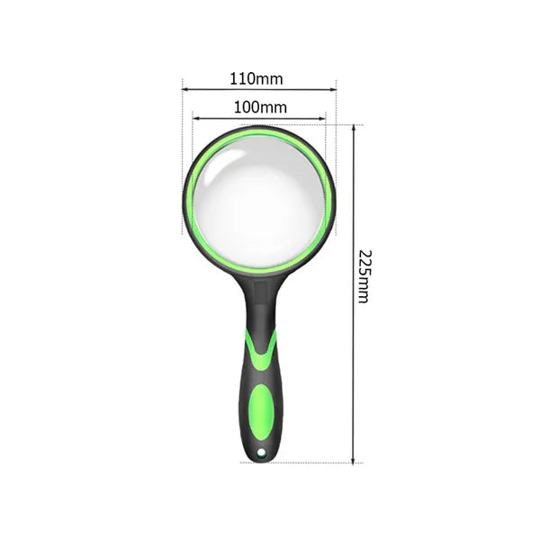 Kézi nagyító üveglencsével, 100 mm átmérő, 3× nagyítás, fekete/zöld