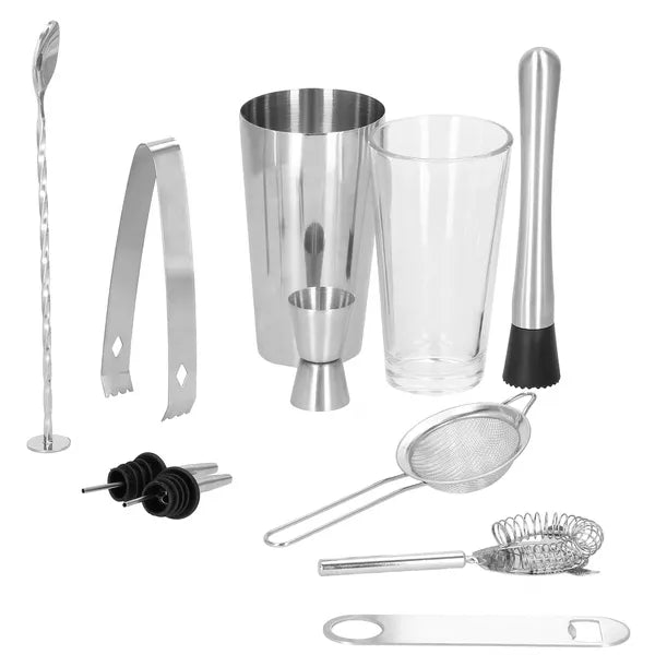 11 részes rozsdamentes acél boston shaker készlet, 700 ml, ezüst