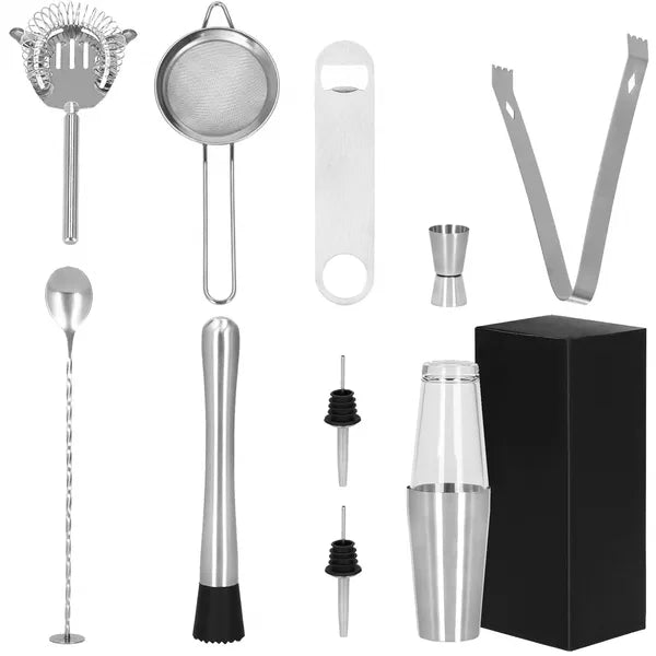 11 részes rozsdamentes acél boston shaker készlet, 700 ml, ezüst