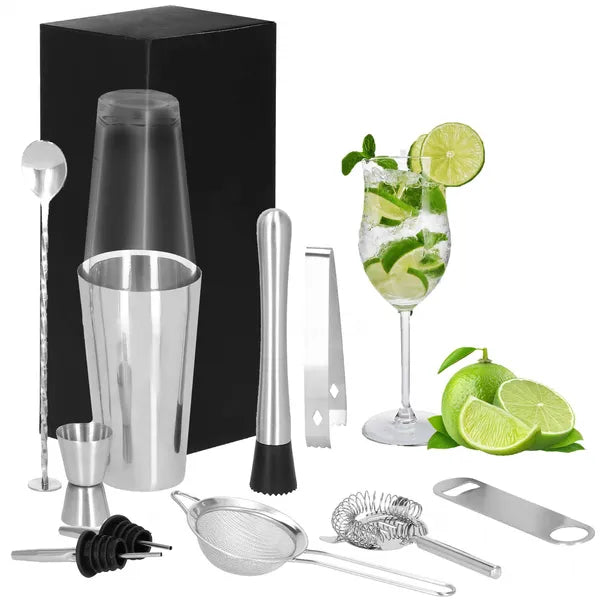 11 részes rozsdamentes acél boston shaker készlet, 700 ml, ezüst