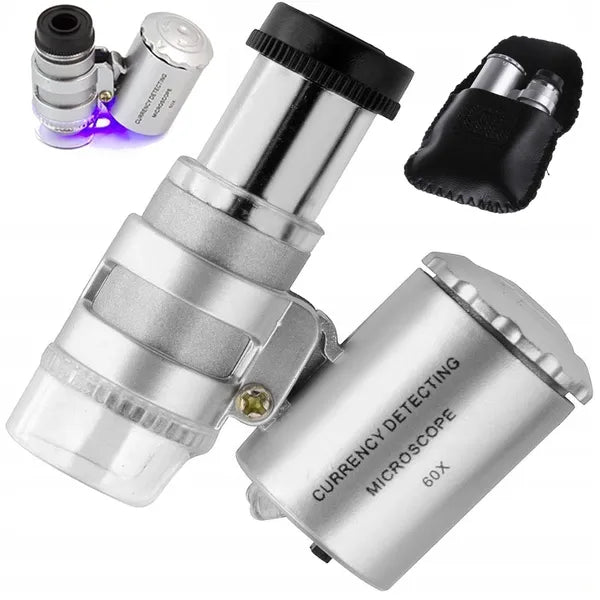 Hordozható 60× zsebmikroszkóp ékszerész nagyító LED+UV fénnyel, tok, LR1130