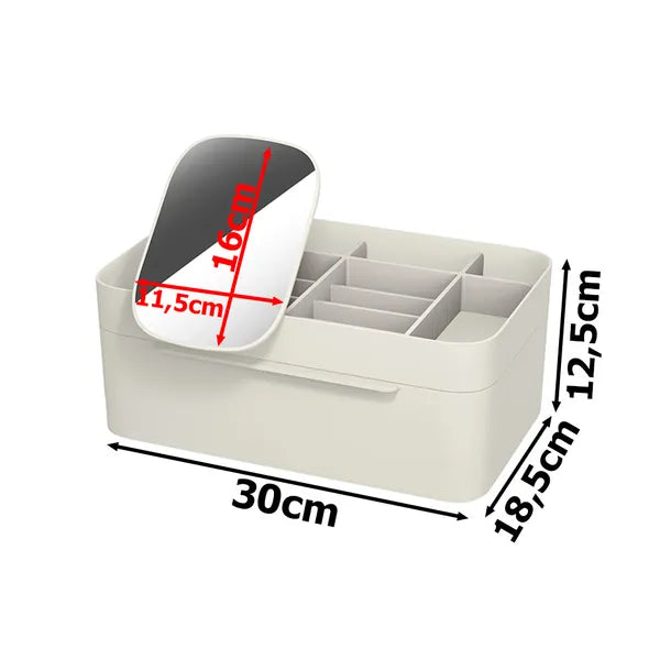 Nagyméretű kozmetikai rendszerező fiókkal és kétoldalú tükörrel, 30×18,5 cm