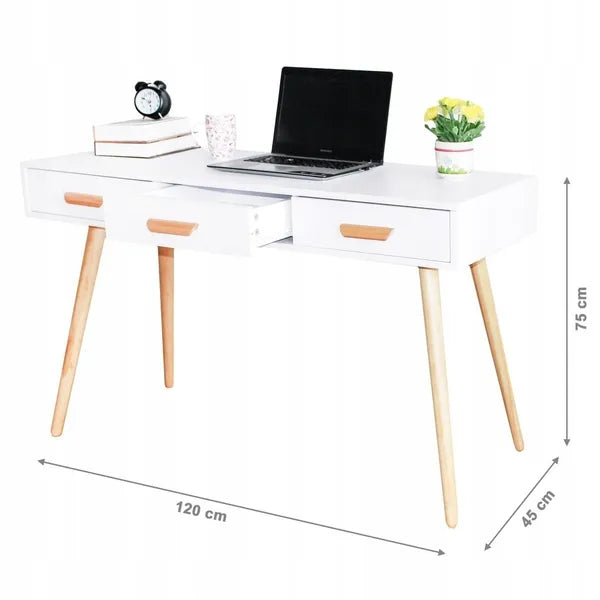 Fehér modern íróasztal/konzolasztal 3 fiókkal, 120x45x75 cm, fenyő lábak