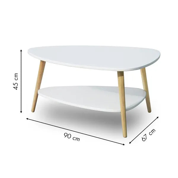 Fehér modern dohányzóasztal polccal, fenyő lábakkal 97×72 cm