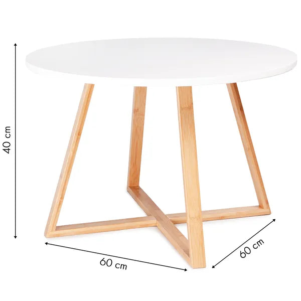 Skandináv dohányzóasztal, 60 cm, fehér MDF lap, bambusz lábak