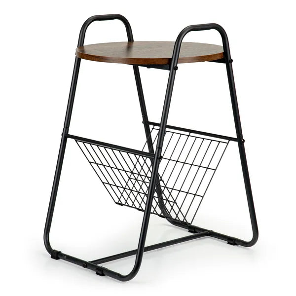 Loft éjjeliszekrény/dohányzóasztal, fém váz, MDF lap, újságtartó, 39,5×47×64 cm