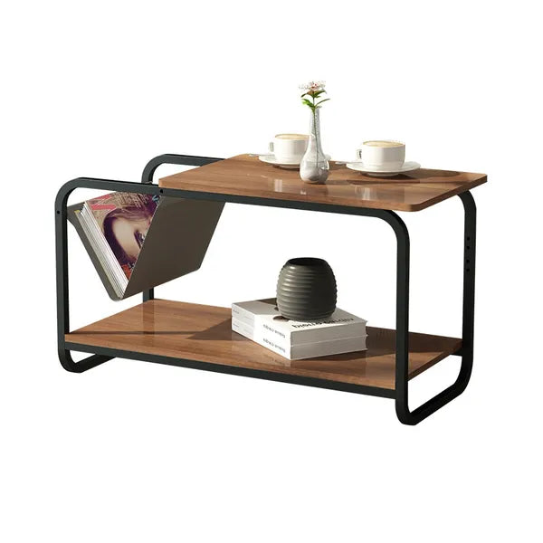 Modern loft dohányzóasztal, 2 szintes, MDF 86,5×40×46 cm, fekete fém vázzal