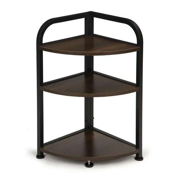Loft sarokpolc porszórt fém vázzal, 3 sötétbarna fa polc, 32×62 cm