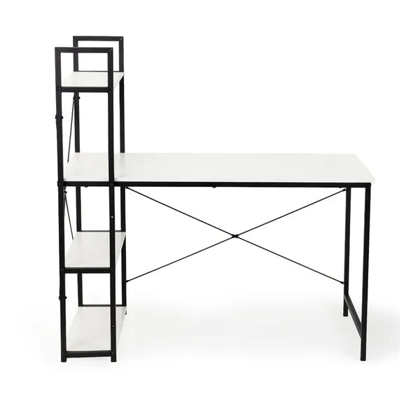 Loft íróasztal 120×64 cm, fehér MDF lap, 4 polcos fém könyvespolc