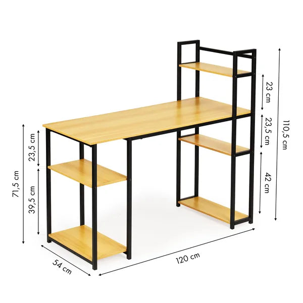 Loft stílusú íróasztal 6 polccal, világos tölgy, 120×54 cm