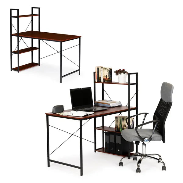 Loft stílusú fa–fém számítógépasztal, 120×64 cm, 4 polccal