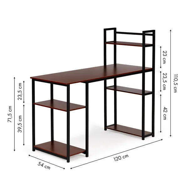 Loft stílusú számítógépasztal 120×54 cm, 6 polc, világos tölgy/fekete