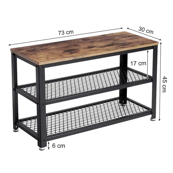 Loft cipősszekrény ülőkével, 2 polc, fém-fa, 73×30×45 cm, rusztikus barna
