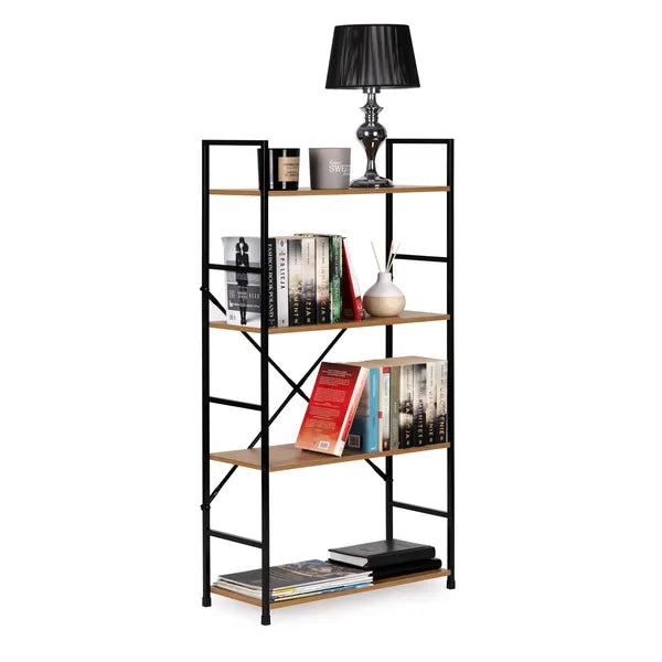 Loft stílusú, 4 szintes, széles MDF/fém könyvespolc, 113 cm