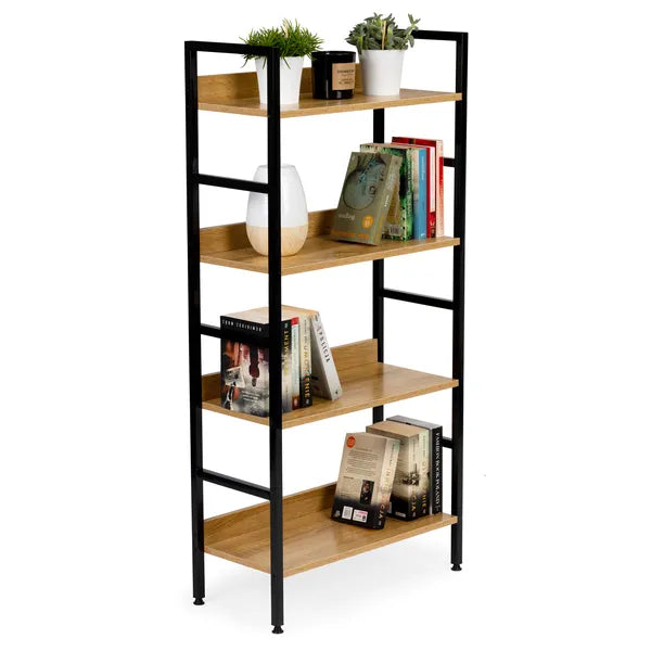 Loft stílusú 4 polcos fa–fém könyvespolc, 60x28x125 cm, állítható lábakkal