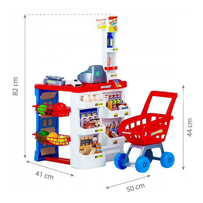 Gyermek Supermarket Készlet - 3 Éves Kor Felett, 47 Darabos, Pénztárgéppel, Beepelő Szkennerrel és Mérleggel