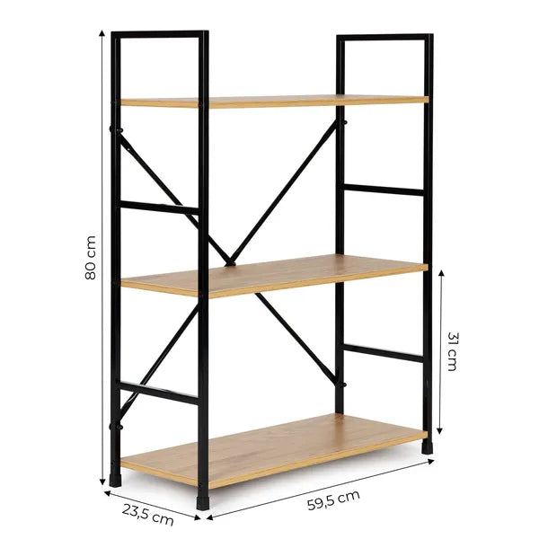 3 polcos loft stílusú fa-MDF polc fekete fém vázzal, 60×24×80 cm