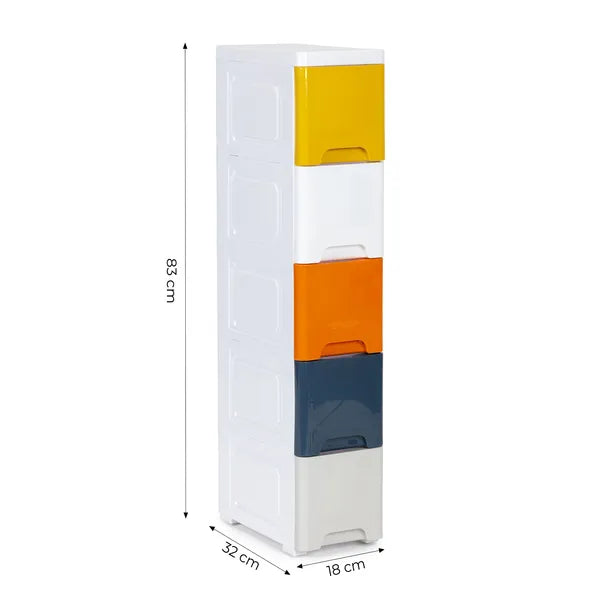 Gyerek- vagy fürdőszobai gurulós műanyag polcrendszer 5 fiókkal 83×32×18 cm