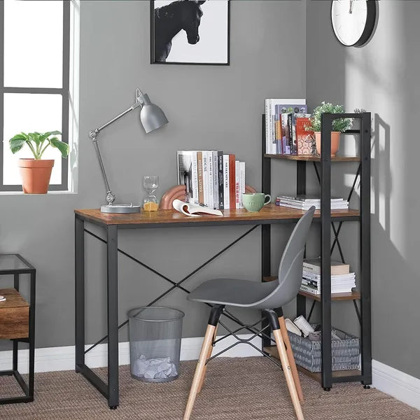 Íróasztal loft stílusban, 120×60 cm, 4 polccal, barna/fekete fémvázzal