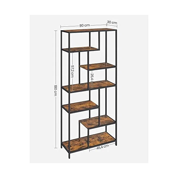 Loft stílusú, rusztikus barna-fekete könyvespolc 6 polccal, 80×30×180 cm