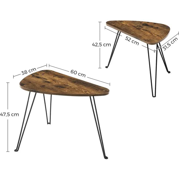 Kétrészes loft rusztikus dohányzóasztal szett, acél váz, 60/52 cm