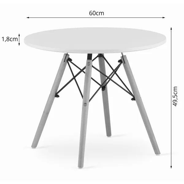 Skandináv kerek dohányzóasztal, matt fehér 60 cm MDF lap, bükk láb