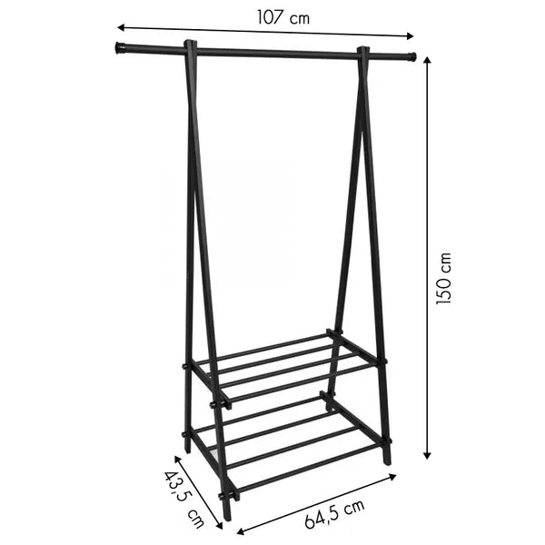 Fekete fém ruhafogas 2 polccal, karcmentes lábakkal, 150 cm magas