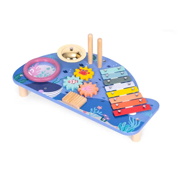 ECOTOYS fa bálna hangszerasztal xilofon, dob, cintányér, csörgő 18 hó+