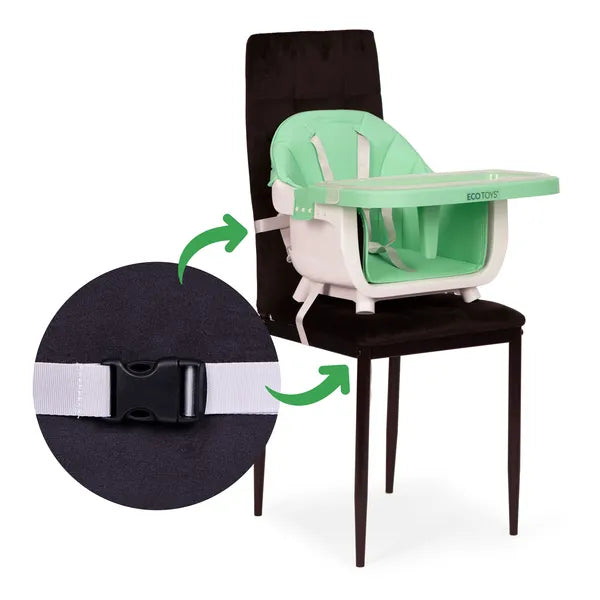 Ecotoys 2 az 1-ben etetőszék, zöld, 6-36 hó, fém láb, 20 kg teherbírás