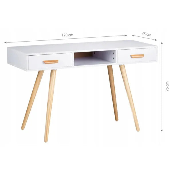 Modern fehér sminkasztal/íróasztal 120×45×75 cm, fenyőfa lábakkal, 2 fiókkal
