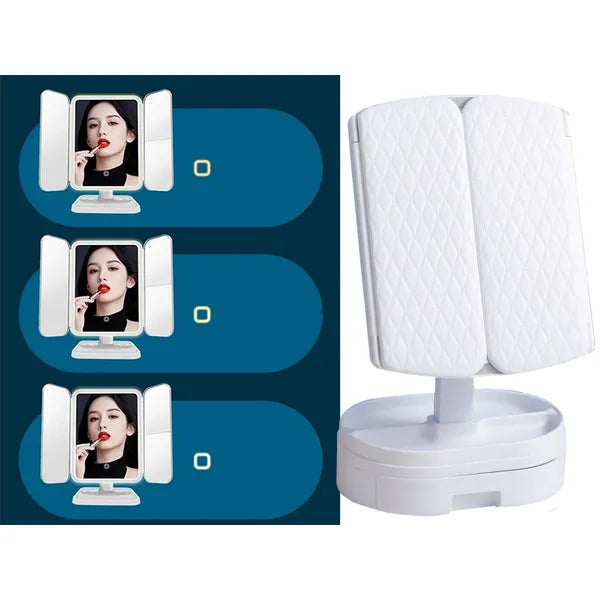 LED-es összecsukható sminktükör nagyító 2×/3×, akkus, 3 színű fény