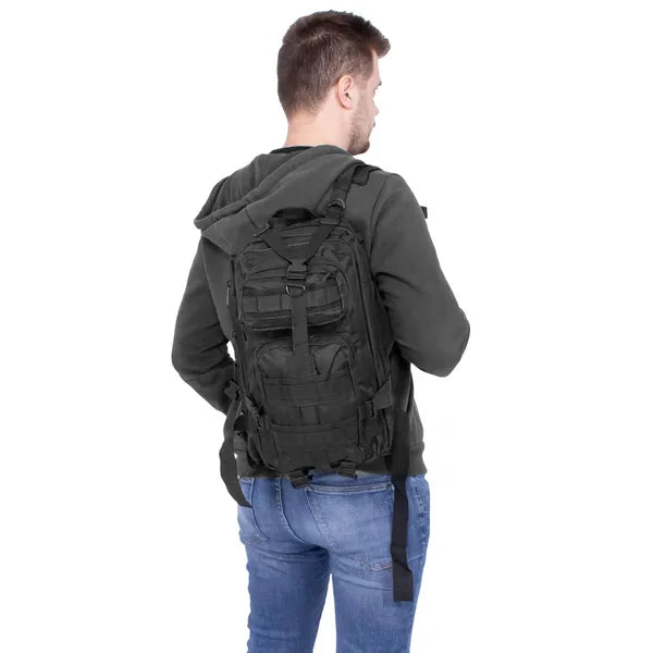 Fekete sport- és túrahátizsák, 42x23x24 cm, 4 zsebes, 700 g poliészter