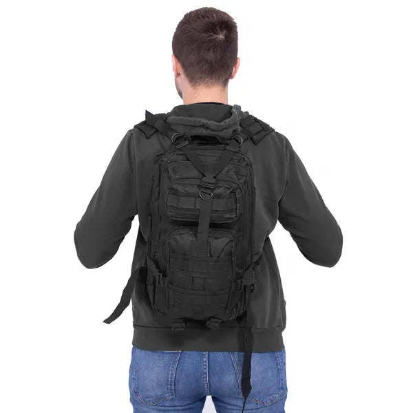 Fekete sport- és túrahátizsák, 42x23x24 cm, 4 zsebes, 700 g poliészter