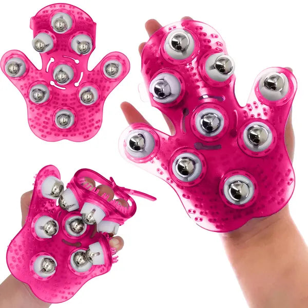 Ergonomikus testmasszírozó kesztyű 9 forgó fém gömbbel, pink