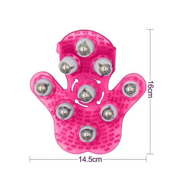 Ergonomikus testmasszírozó kesztyű 9 forgó fém gömbbel, pink