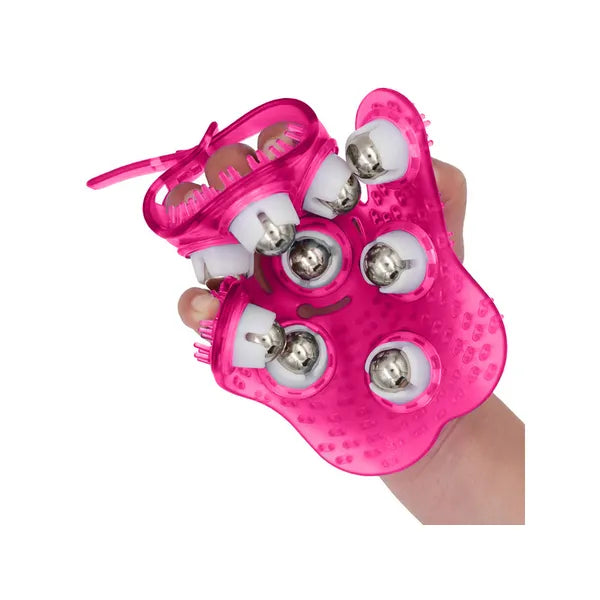 Ergonomikus testmasszírozó kesztyű 9 forgó fém gömbbel, pink