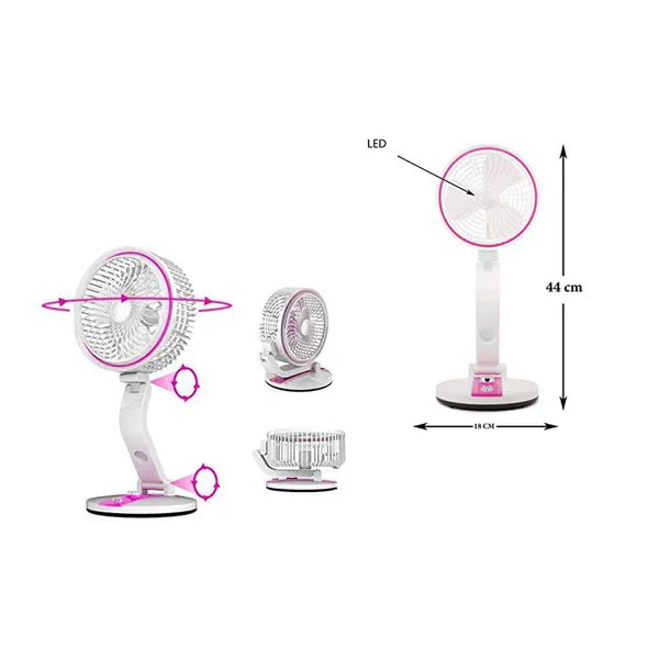 Összecsukható vezeték nélküli asztali ventilátor LED fénnyel, USB, rózsaszín