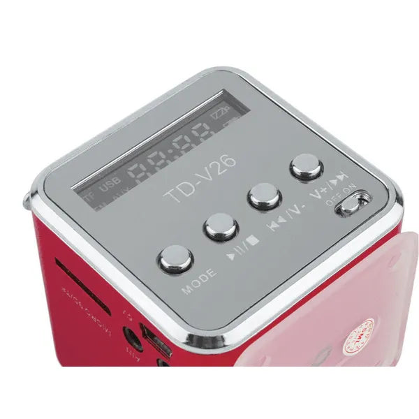 Hordozható Bluetooth mini hangszóró FM rádióval, microSD, USB, AUX, piros